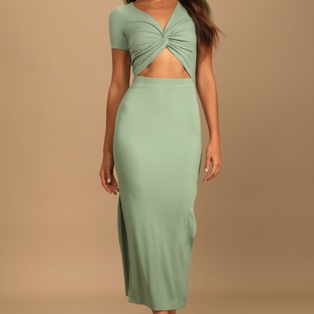 Lulus Style Twist Sage Green Twist Front Cutout Midi Dress - Size L
